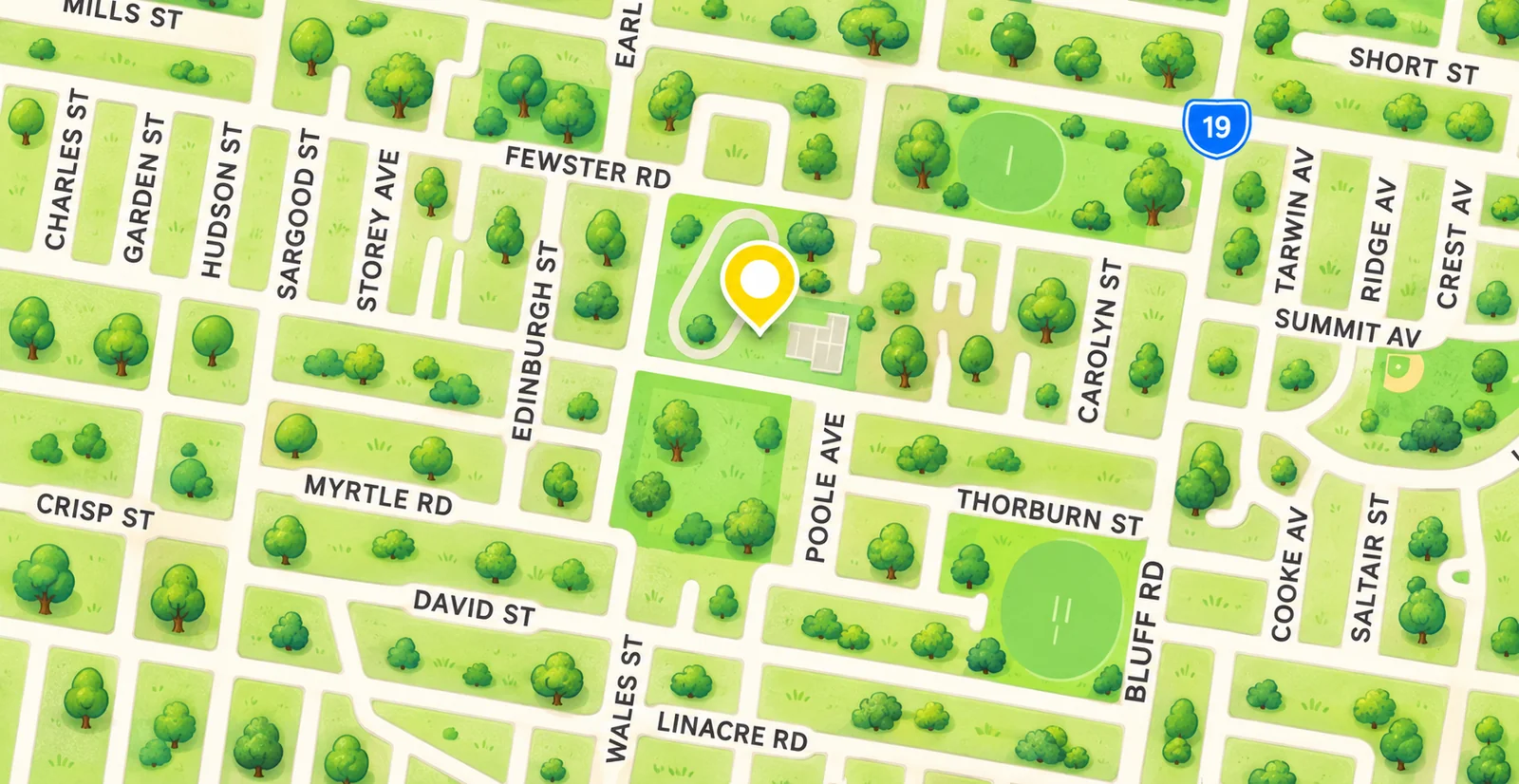 Illustrated map showing Bayside Pickleball in Thomas Street South Reserve, Hampton